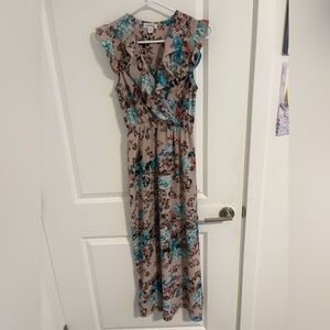 Monteau Taupe Maxi Dress with Teal Floral Print